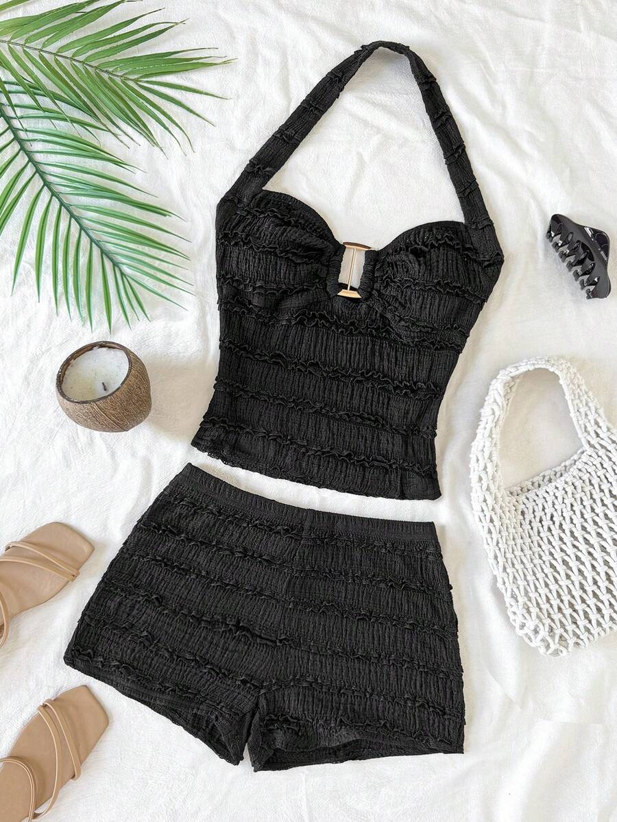 SHEIN Bộ đồ thể thao nữ tuổi teen gồm áo croptop cổ yếm kẻ sọc dáng ôm và quần short, thoải mái. - Màu Khaki - Xem 1