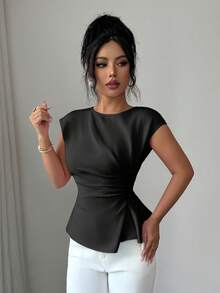 Elenzga 女款黑色優雅夏季辦公圓領收腰上衣，法式甜美度假職場婚禮派對風 - 黑色 - 查看 5