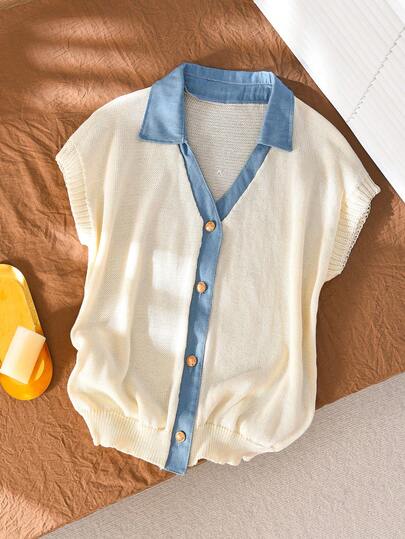 CosyJoli Áo khoác cardigan dáng rộng, chất liệu denim pha trộn, cài kim loại, kiểu dáng thường ngày, dành cho nữ, thích hợp cho mùa xuân/hè.