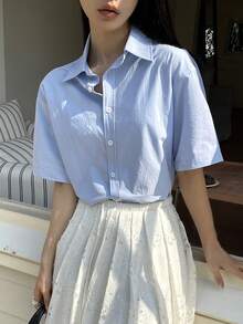 DAZY Women's Casual Solid Color Blouse, Summer - Blue - View 8