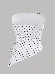 SHEIN 少女法式复古修身休闲简约舒适柔软黑白波点无袖不对称下摆背心 - 白色 - 查看 2