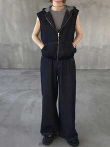 FRIFUL Women's Casual Fashion Street Style Sleeveless Zip-Up Hooded Jacket And Denim Jeans Set, Suitable For Spring, Summer, Autumn - Blue - View 8