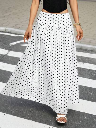 SHEIN PETITE Falda larga elegante con estampado de lunares al estilo francés para mujer, para otoño. Falda blanca elegante para mujer para fiestas. Ropa nueva de mujer para otoño e invierno. Falda midi de lunares blanca y negra casual para mujer