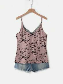 EMERY ROSE Plus Size Women Floral Print Contrast Lace Camisole - Orange - View 5