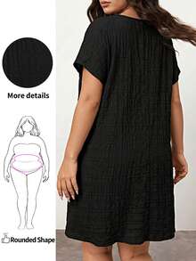 Enliva Plus Size Solid Color Short Sleeve V-Neck Dress, Fashionable For Summer, For Apple And Rounded Body Shape - Black - View 1