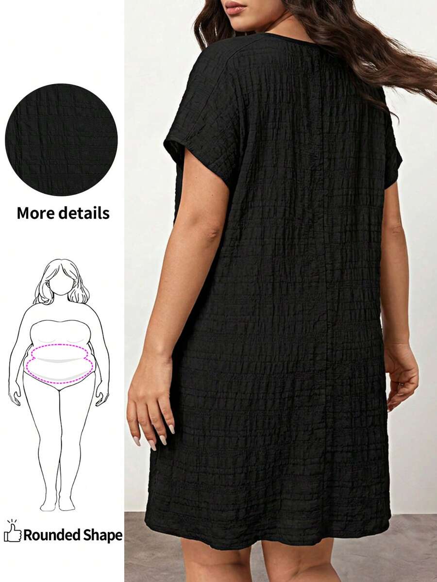 Enliva Plus Size Solid Color Short Sleeve V-Neck Dress, Fashionable For Summer, For Apple And Rounded Body Shape - Black - View 1