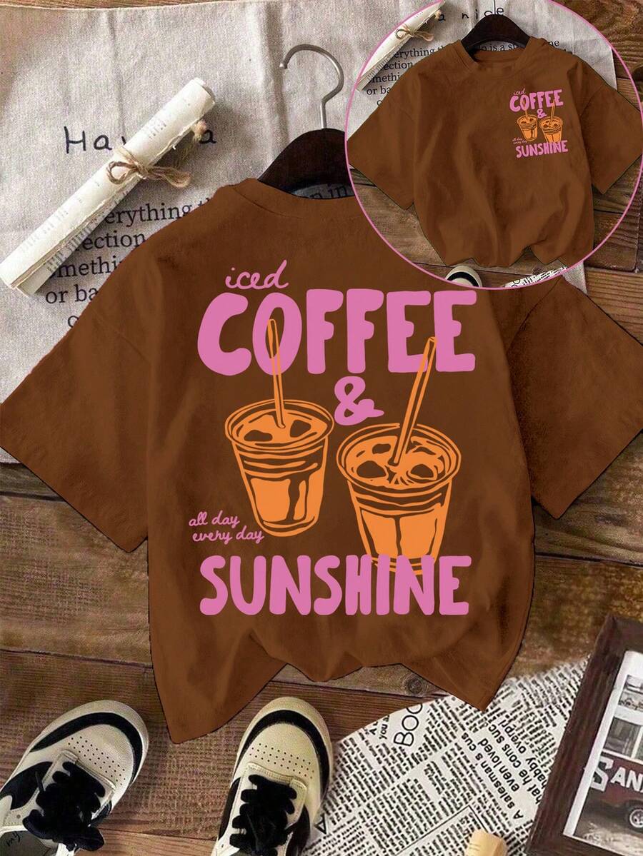 EMERY ROSE 冰咖啡和阳光T恤，冰咖啡T恤，咖啡爱好者礼物，夏季T恤，夏日氛围T恤，咖啡T恤 - 咖啡棕 - 查看 1