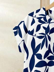 Rusticease 两件套女士休闲树叶图案印花短袖衬衫上衣搭配同色系纯蓝色长裙，夏季度假套装 - 彩色 - 查看 3
