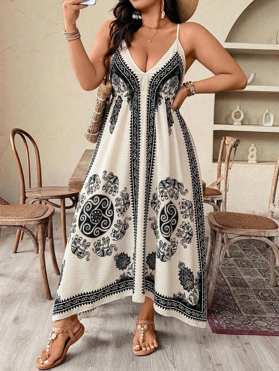 Weeklong Plus Size Women Elephant Print Asymmetric Strap Vacation Dress - Apricot - View 1