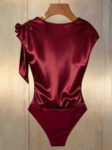 Franclia Elegant Bodysuit, Stretch Satin Bodysuit With Glossy Finish, Bow Shoulder Bodysuit, Everyday Bodysuit - Burgundy - View 2
