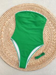 Costavie Traje de baño de una pieza con tirantes desmontables y elegante estilo casual, con tela texturizada y bloques de color de moda, adecuado para vacaciones de verano en la playa, atuendo para fiestas en la playa, traje de baño de una pieza para vacaciones de primavera/verano 2026 de mujer - Verde - Ver 3