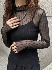 FRIFUL Women's Fashionable Sexy Stand Collar Mesh Fitted Blouse - Black - View 5