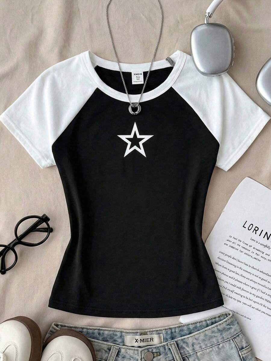 少女黑白撞色星星印花休闲圆领T恤，夏季 - 黑與白 - 查看 1