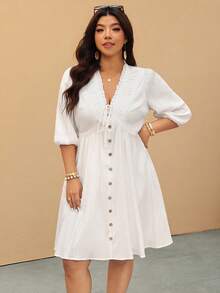 Elaquor 大码纯色V领打结休闲度假连衣裙 - 白色 - 查看 3