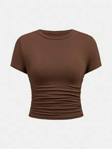SHEIN Girlism 少女休闲修身浅蓝色褶皱圆领上衣和腰部褶皱喇叭裤套装 - 棕色 - 查看 5