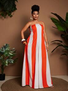 Maweii Bộ jumpsuit cúp ngực dáng rộng, thoải mái, phối sọc, cỡ lớn, không dây vai - trái cam - Xem 4