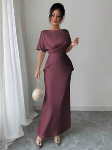 Elenzga 女士春夏法式优雅通勤度假休闲下午茶派对缎面亮面面料船领插肩袖交叉系带鱼尾下摆后背蝴蝶结正式连衣裙 - 紫紅色 - 查看 1