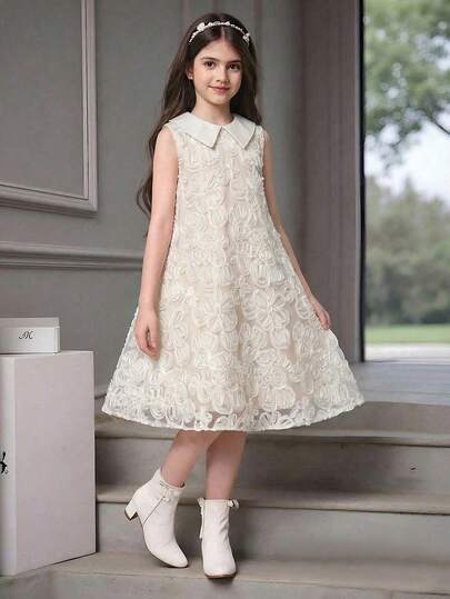 Elladie kids Young Girls' Elegant Princess Style Sleeveless Dress, Made Of Delicate 3D Fabric With Soft And Layered Texture, Paired With Peter Pan Collar Design, Solid Color Trim At Collar, Loose A-Line Silhouette To Flatter The Figure, Covered In Detailed Floral Patterns, Sleeveless Design For Breezy Spring/Summer Wear, Suitable For Daily Outings, Birthdays, Parties, Family Gatherings, Moderate Thickness, Lightweight And Comfortable