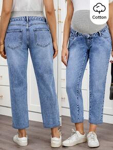 SHEIN Maternity Cuffed Light Blue Casual Fall Autumn Winter Halloween Christmas New Year Thanksgiving Versatile Jeans With Belt Loops , Y2k Cute Party Streetwear Techno Birthday Airport Mom Jeans - Blue - View 8
