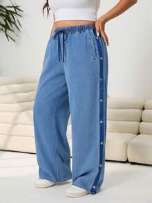 Solflare Plus Size Women Blue Summer Casual Everyday Wide Leg Jeans,Drawstring Elastic Waist Side Button Design Loose Denim Pants,Chic Y2k Streetwear Costume - Blue - View 3