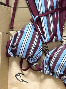 Swim Vcay 2026新款女士高弹面料蓝酒红竖条纹三角挂脖系带比基尼套装 - 彩色 - 查看 5