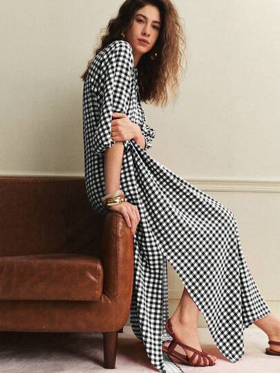 Écloséra 2016 New Spring/Summer Casual Elegant Retro Minimalist Loose Red & White Plaid V-Neck Tie Sleeve 3/4 Sleeve Dress For Women