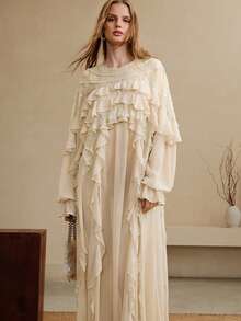Women's Chiffon & Lace Patchwork Dress, Round Neck Raglan Sleeve Loose Sheer Ruffle Hem Design, Casual Daily Dress - Apricot - View 7