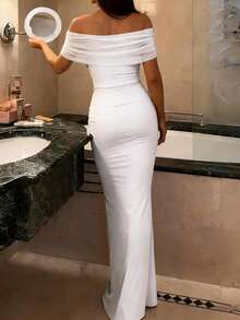 Modelyn Women's Elegant White Summer Formal Dress,Seductive Mesh Patchwork Off-Shoulder Fitted Ruched Ruffle Hem Wedding Guest Birthday Party Dresses - White - View 2
