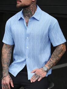 SLATEMANN Men's Casual Plaid Short Sleeve Shirt, Summer - Blue - View 3