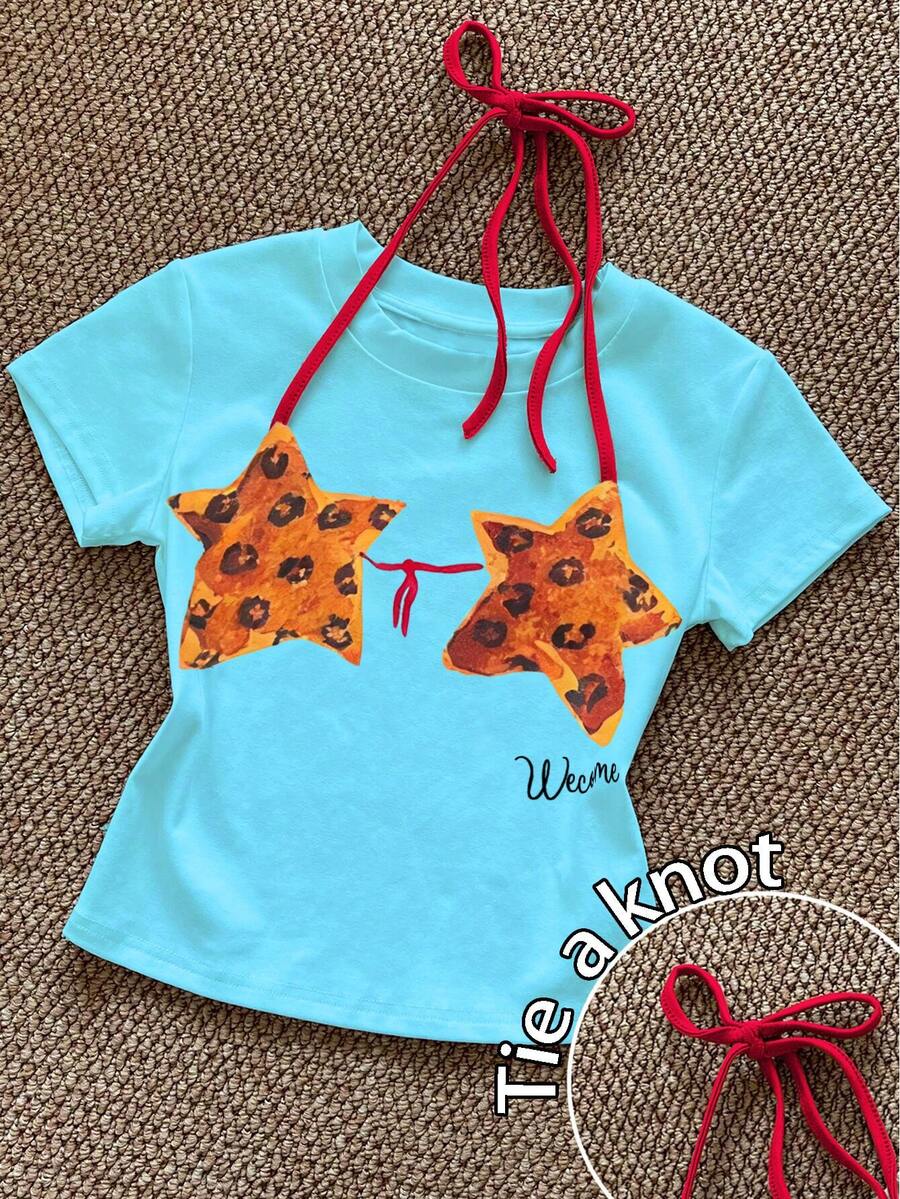 Glimmora Women's Regular Fit Bikini Print Round Neck Short Sleeve T-Shirt - Blue - View 1