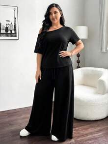 Shapeblank Plus Size Women Solid Color Asymmetric Neck Top And Wide Leg Pants Casual 2-Piece Set - Black - View 6