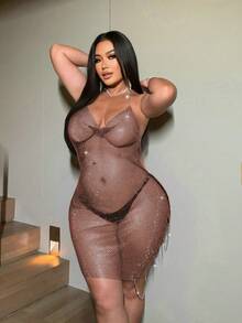 NU&NOW Valentine Sexy Beach Vacation Party Rhinestone Mesh Chain Decor Draped Neck Dress - Burgundy - View 1