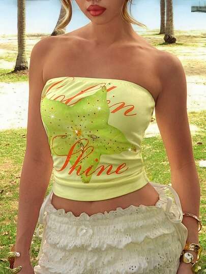 ROMWE Women's Summer Sexy Fruit Pineapple Star Print Rhinestone Decor Ruched Tube Top