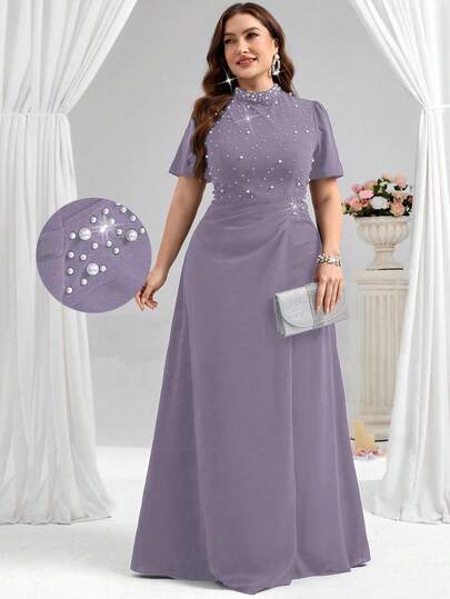 Coutiva Plus Size Women's Pearl Embellished Formal Evening Gown (Heavily Embroidered)