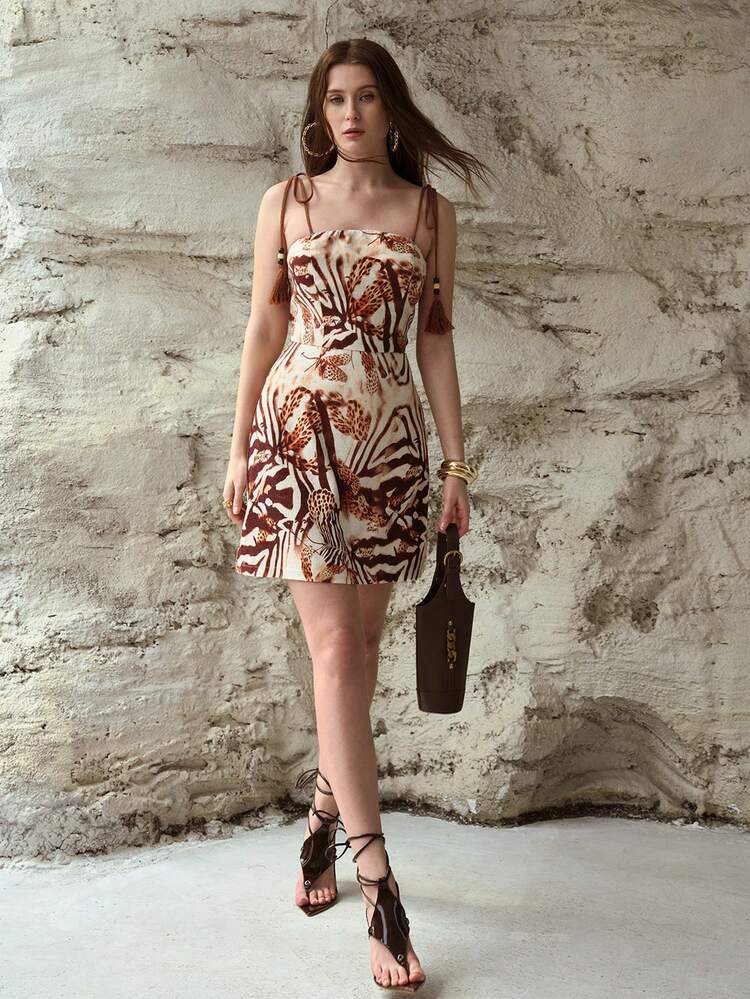 WOMEN'S TASSEL TIE-UP WAIST LINEN MINI DRESS, SPRING/SUMMER