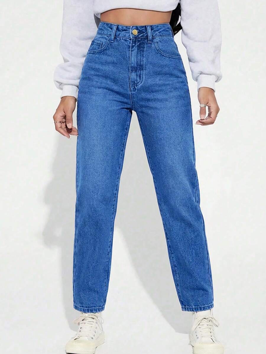 Cloudara High Waist Mom Fit Jeans - Medium Wash - View 1