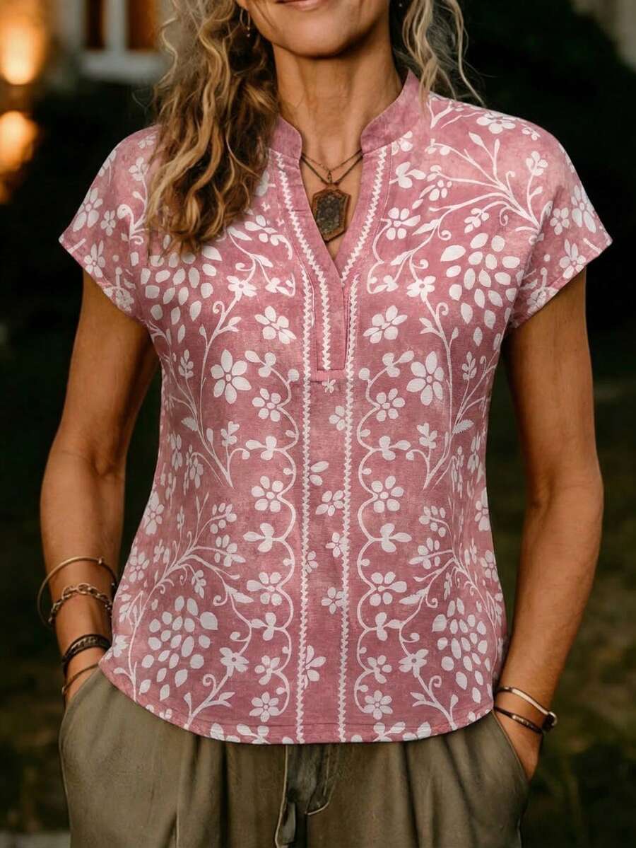 EMERY ROSE Áo sơ mi nữ cổ chữ V in hoa, thích hợp cho kỳ nghỉ năm 2026. - Màu Hồng baby - Xem 1