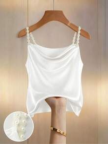 SHEIN Women's Elegant Fashionable Minimalist Versatile Pearl Chain Halter Satin Camisole, Spring/Summer - White - View 6