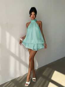 Aloruh Đầm ngắn cổ yếm màu vàng nhạt thanh lịch dành cho nữ - Màu xanh Bạc hà - Xem 6