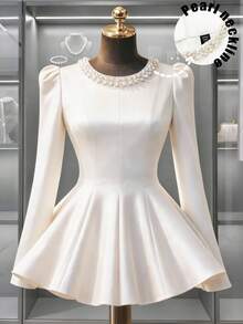 SHEIN Franclia 加码仿珍珠串珠泡泡袖荷叶边上衣 - 白色 - 查看 1