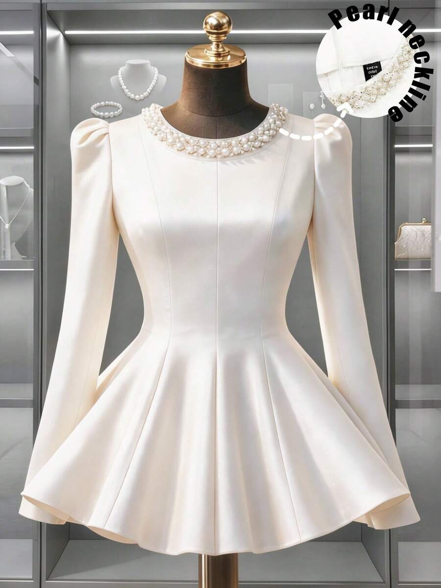 SHEIN Franclia 加码仿珍珠串珠泡泡袖荷叶边上衣 - 白色 - 查看 1
