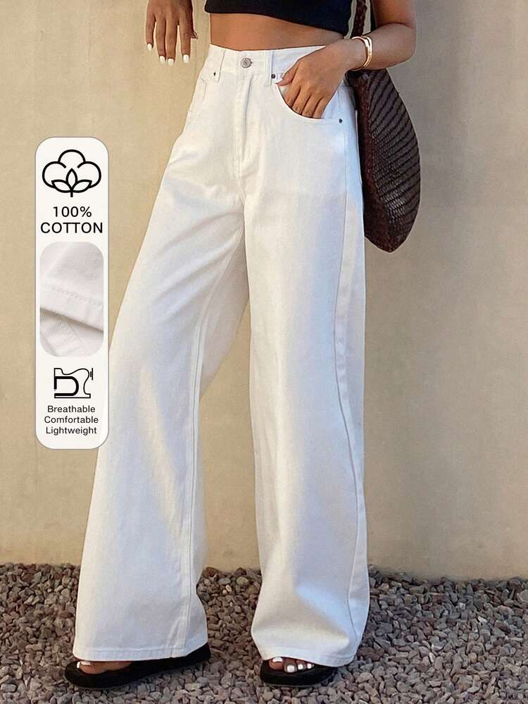 Women's Casual White Pocket Wide Leg Jeans, Spring/Summer
