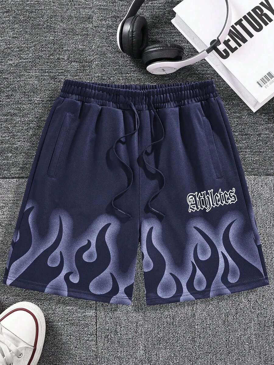 Manfinity Roghcode Loose Men's Fire & Letter Graphic Drawstring Waist Shorts - Navy Blue - View 1