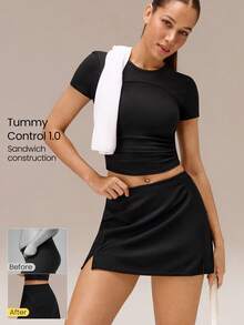 GLOWMODE Court Confidence Tummy Control Side-Split Hem Built-In Shorts Non-Slip Grips A-Line Mini Tennis Skirt Tennis Golf Pickleball Daily Casual Wear - Black - View 1