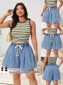 SHEIN CURVE+ 大码女式抽绳腰带口袋宽松休闲牛仔短裤夏季嘉年华服装通勤度假毕业时尚Y2K可爱街头风派对婚礼优雅商务休闲女式浅蓝色牛仔迷你裙时尚休闲弹力腰带伞裙，带可调节抽绳和侧袋 - 藍色 - 查看 1
