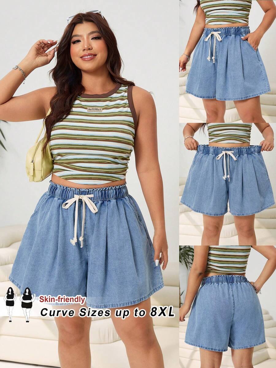 SHEIN CURVE+ 大码女式抽绳腰带口袋宽松休闲牛仔短裤夏季嘉年华服装通勤度假毕业时尚Y2K可爱街头风派对婚礼优雅商务休闲女式浅蓝色牛仔迷你裙时尚休闲弹力腰带伞裙,带可调节抽绳和侧袋 - 藍色 - 查看 1