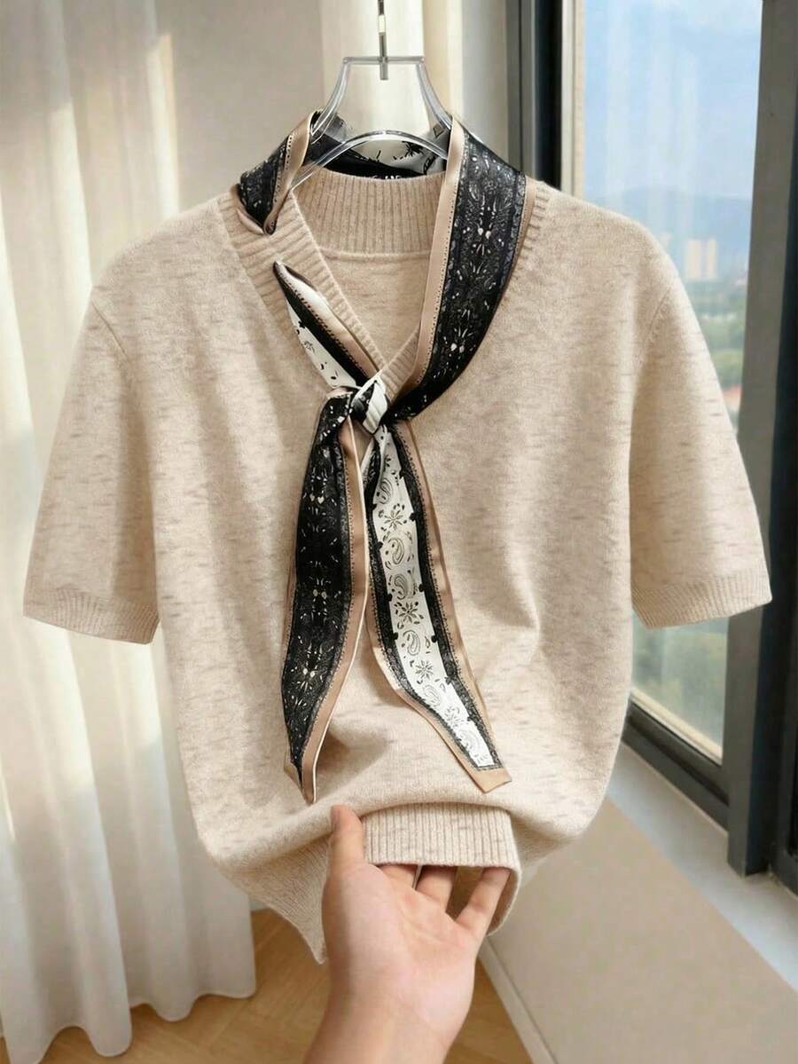 Franclia 新款复古宽松V领短袖百搭叠穿休闲上衣,工作休闲两相宜,不对称系带简约时尚韩版商务中性针织衫 - 杏色 - 查看 1