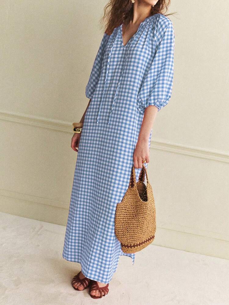 Écloséra New Spring/Summer Casual Elegant Retro Minimalist Loose Red & White Plaid V-Neck Tie Sleeve 3/4 Sleeve Dress For Women Women's Summer Dresses Women's Summer Outfits Picnic Dresses For Women New In Dresses Women's Summer Co Ord - Baby Blue - View 6
