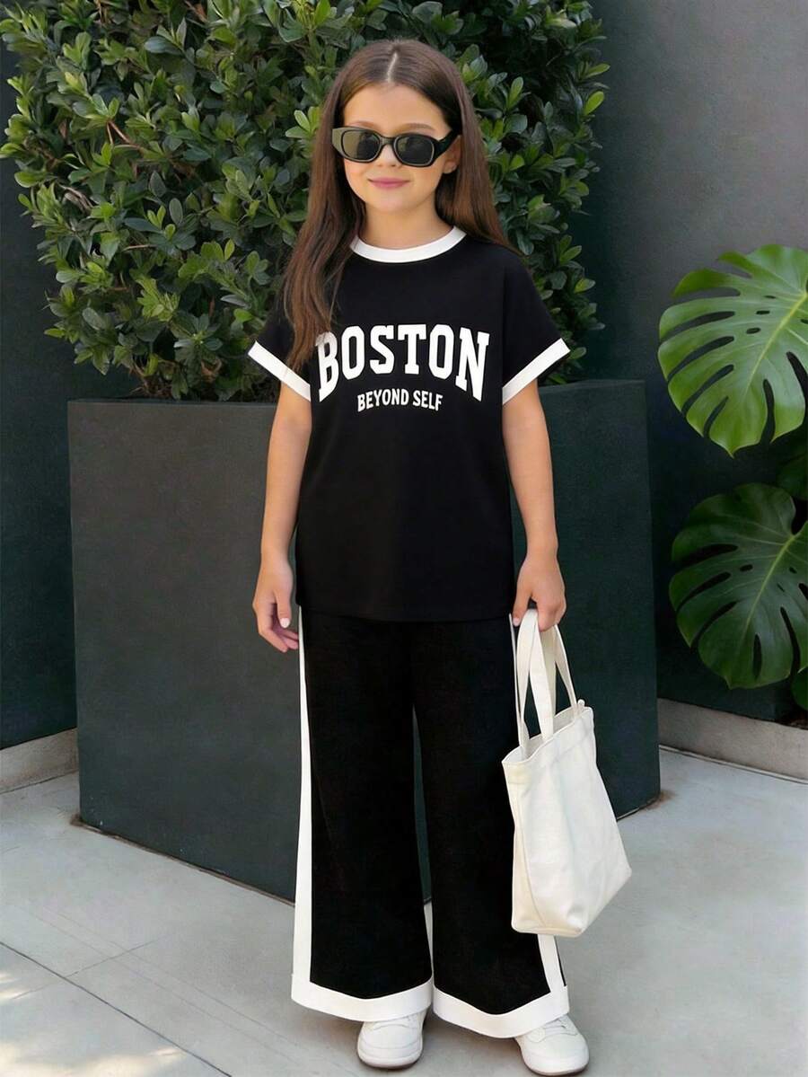 Tween Girls Casual All-Match Versatile Daily Wear Black & White Contrast Trim Round Neck Raglan Sleeve T-Shirt + Straight Leg Knit Pants Set - Black - View 1