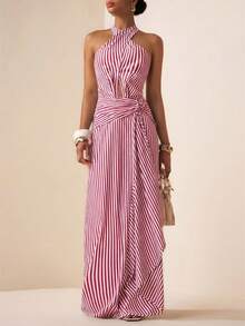 Zivah 2026春夏新款音乐节、复活节、圣帕特里克节、情人节、约会、西部风、游牧风、生日派对、毕业典礼、学院风、学生装、日常穿着、百搭基础款、休闲装、度假、邮轮旅行、海滩、日光浴、爆款、街头风、婚礼宾客、通勤族、早午餐、机场、派对、假日郊游、办公装、露背吊带、腰带、露背、条纹面料、蓝色条纹长裙 - 紅色 - 查看 7